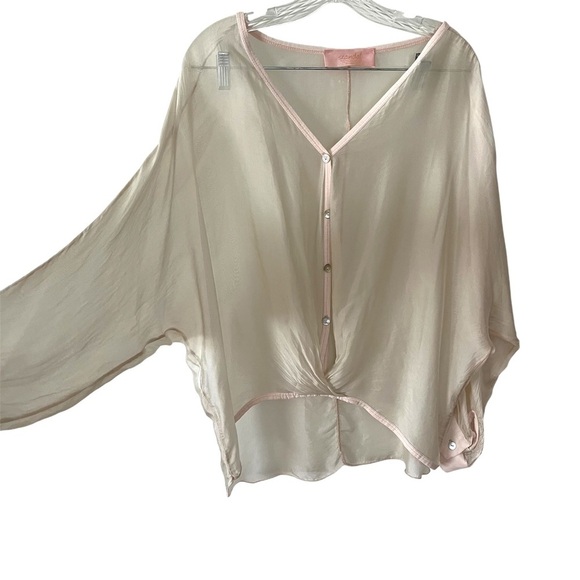 Scandal Silk Blend Pink and Cream V Neck Oversized Blouse Tunic Sheer Flowy Lg - Picture 3 of 14